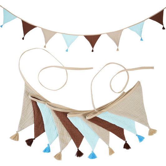 Guirlande fanions décoration chambre bébé - Marron, bleu ciel et beige