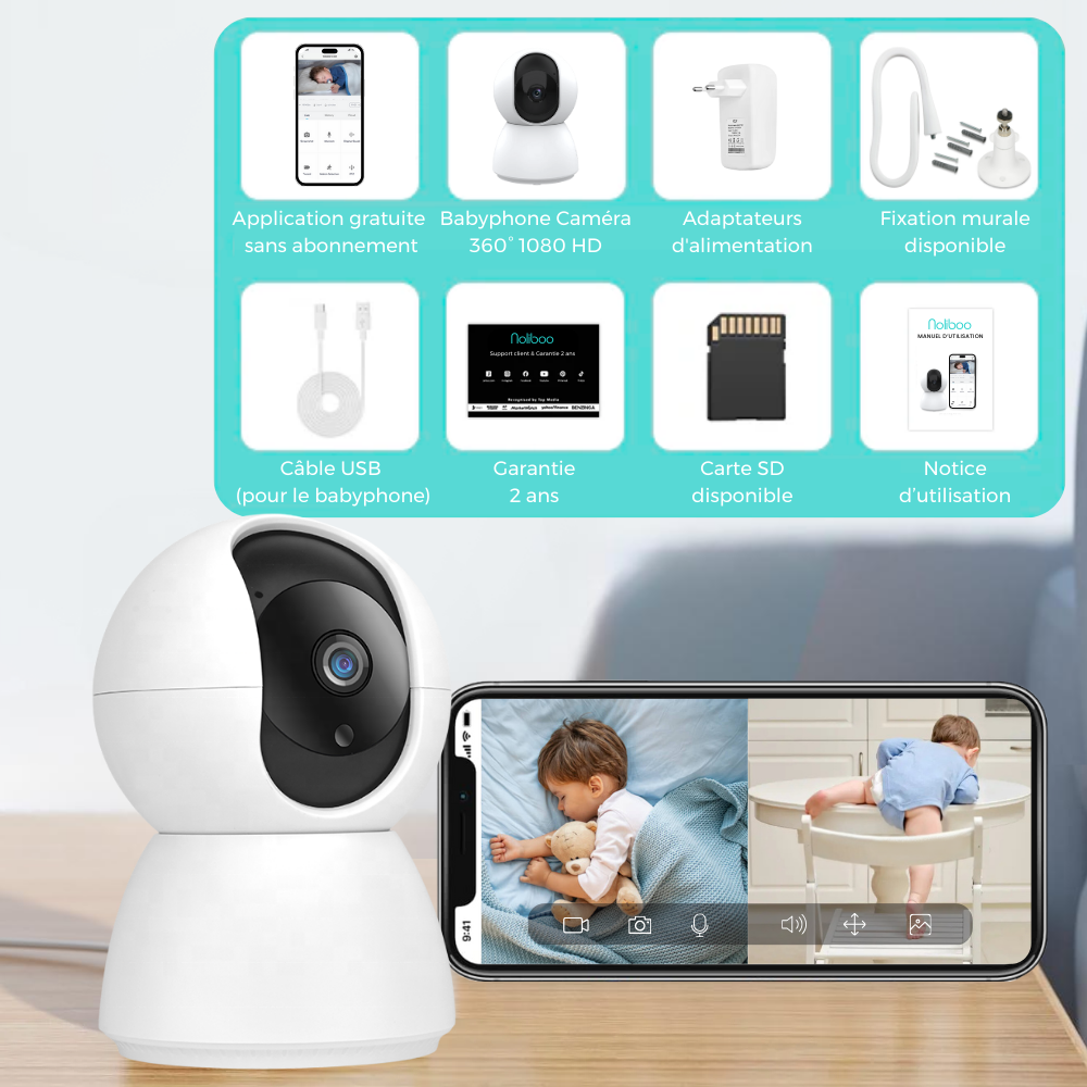 Babyphone Caméra Noliboo 360° bébé Intelligente et contrôle par application
