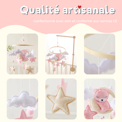 Mobile bébé d’éveil Noliboo – Ours rose au clair de Lune