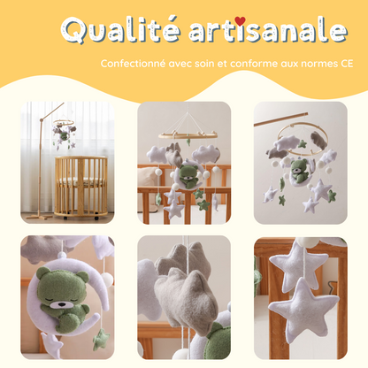 Mobile bébé d’éveil Noliboo – Ours vert tendre au clair de Lune